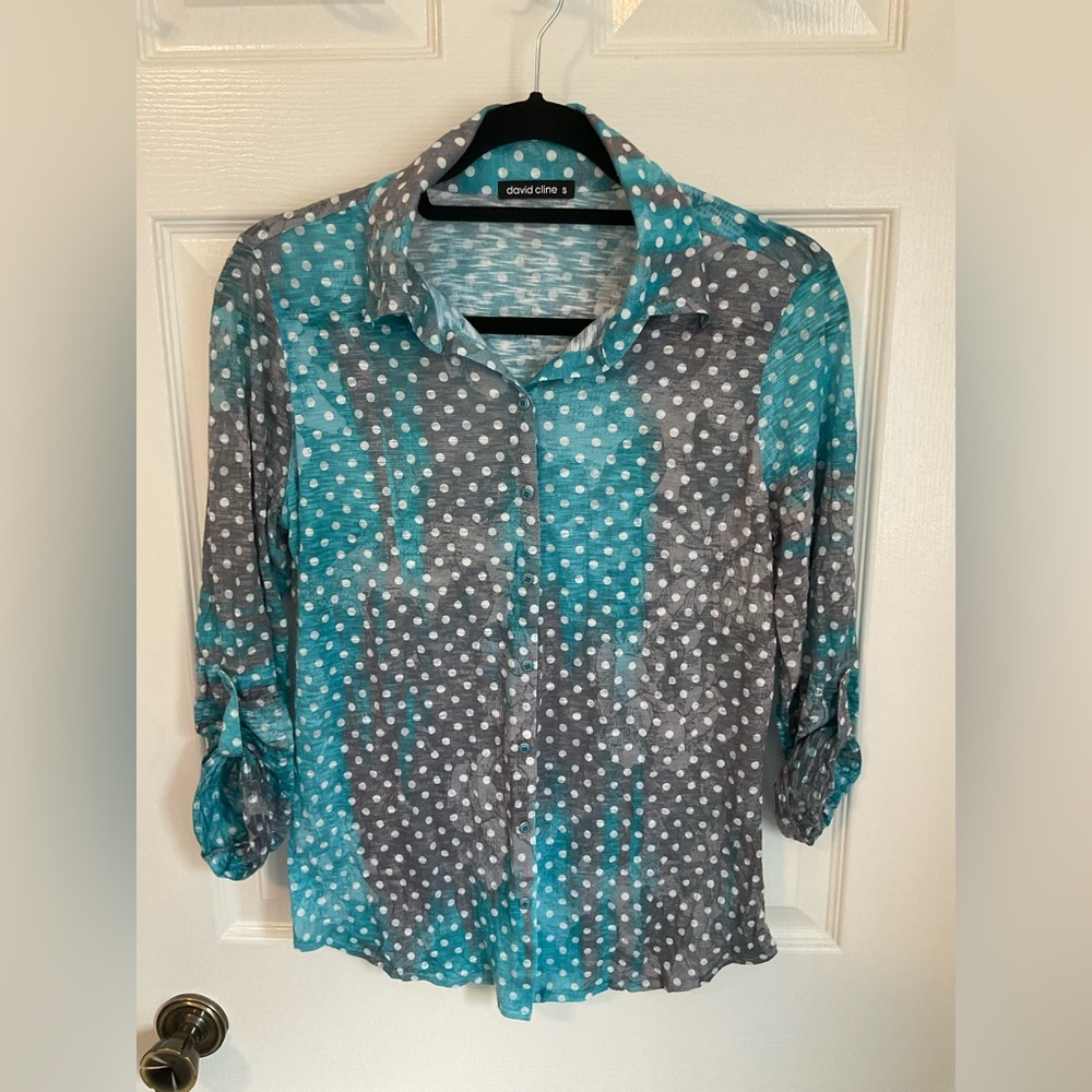David Cline Teal and Gray Polka size small.  Beautiful snap buttons.